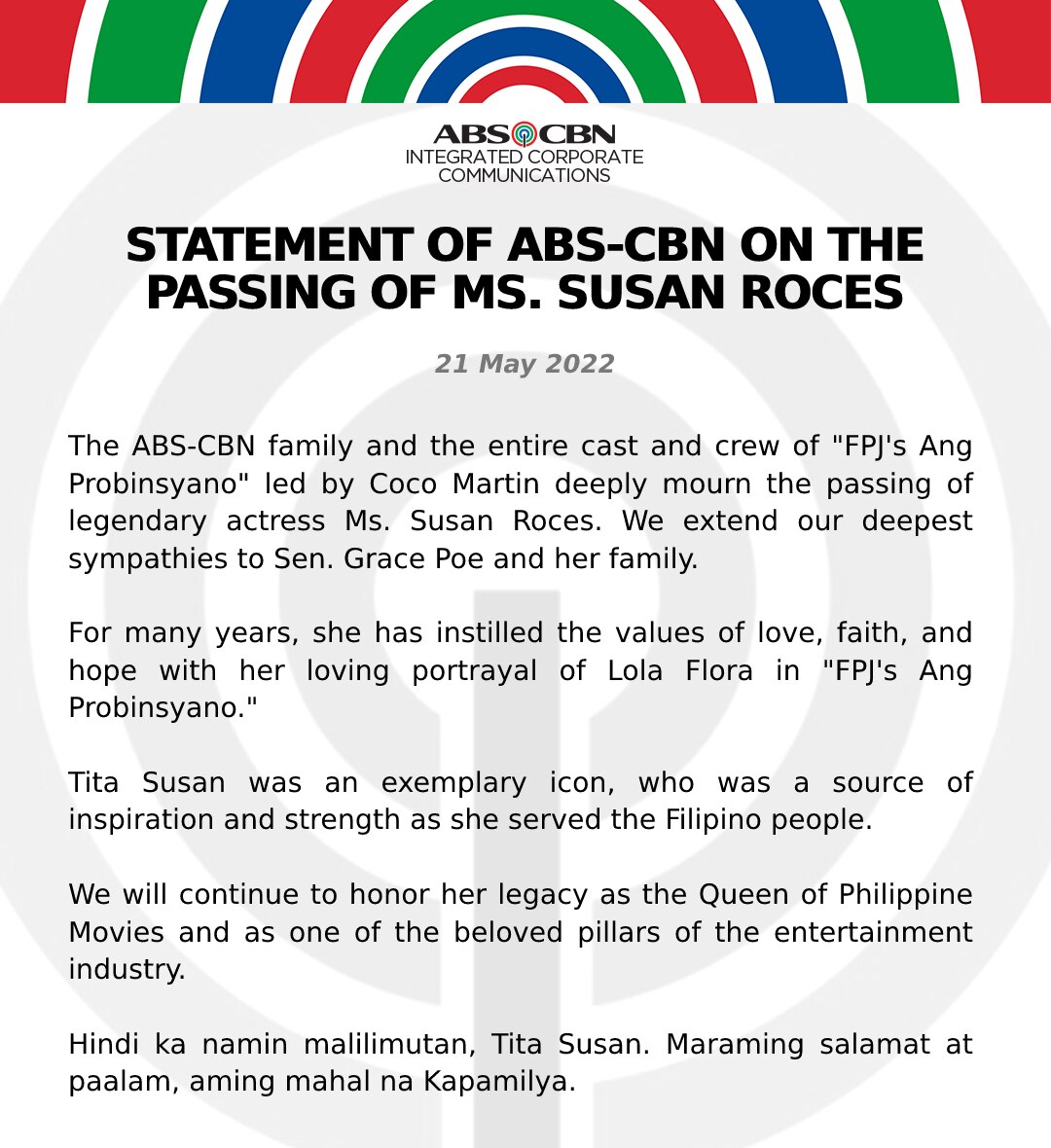 [ARTCARD] PRESS STATEMENT OF ABS CBN ON THE PASSING OF MS  SUSAN ROCES